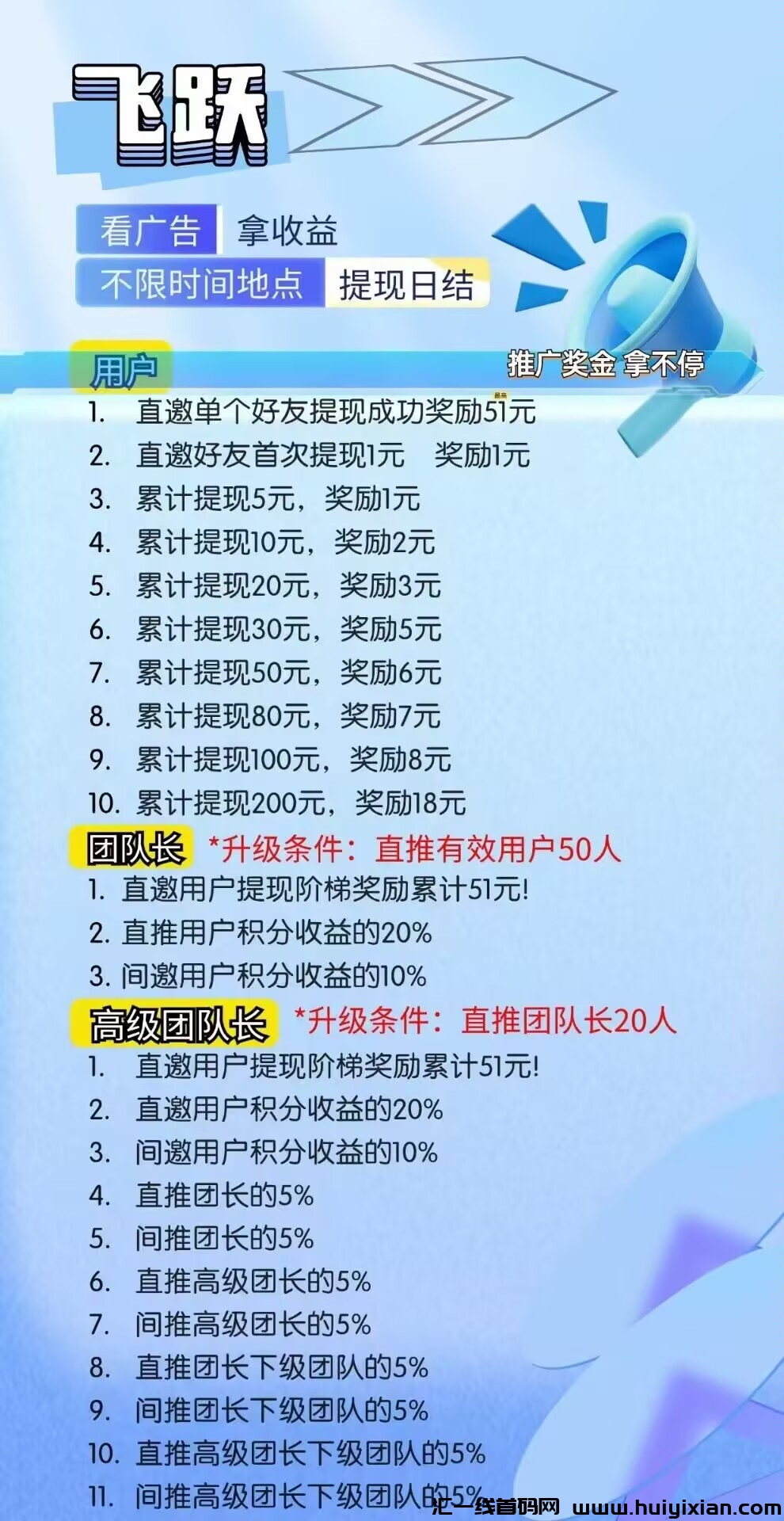 飞跃首码，看广告​不养机，推广拿整个团队收益-汇一线首码网