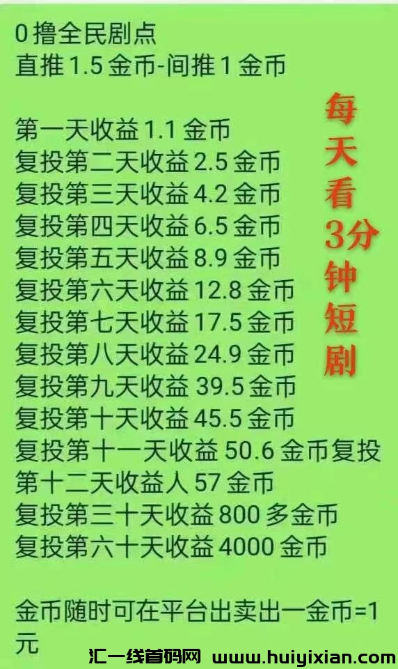 全民剧点,引流、赚钱两不误,每天看三分钟短剧,产出即卖,每天0撸50+-汇一线首码网