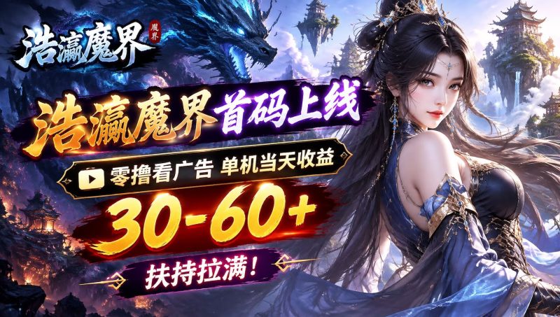 浩瀛魔界首码上线|零撸看广告 单机当天收益 30-60+ 扶持拉满!-汇一线首码网
