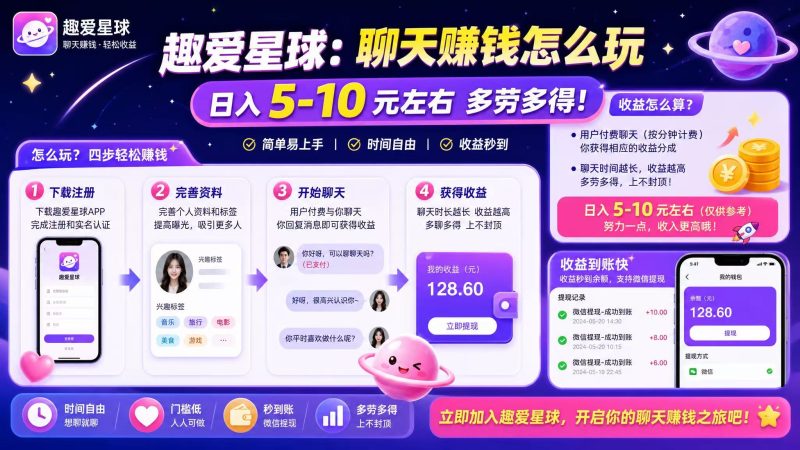 趣爱星球：聊天赚钱怎么玩，日入5-10左右多劳多得。-汇一线首码网