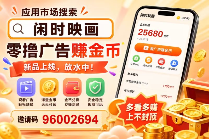 应用市场🔎闲时映画，零撸广告赚金币，新品上线，放水中，邀请码96002694-汇一线首码网