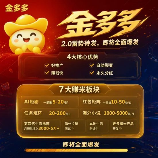 金多多2.0首码,纯0撸,结合幸运红包和高佣联盟玩法+AI短剧+悬赏+新电商,面向全网招募108位权益股东-汇一线首码网