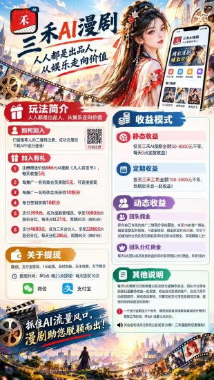 三禾ai漫剧,刚出一秒送666元,亲测零投资一元起提现秒到账无手续-汇一线首码网