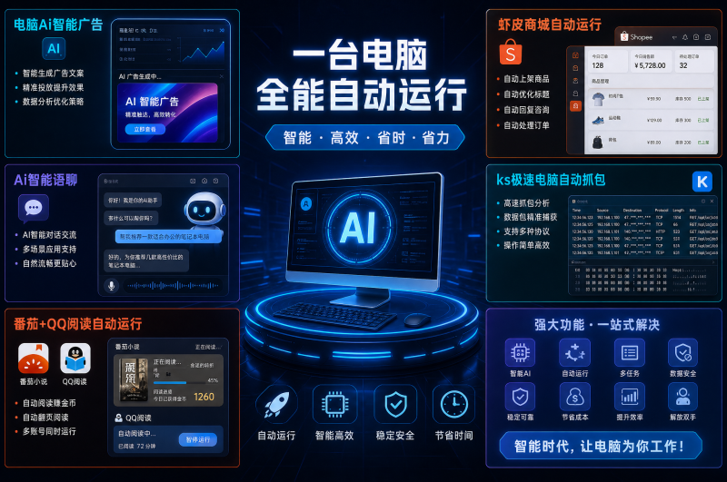 电脑Ai智能广告,Ai智能语聊,虾皮商城自动运行,ks极速电脑自动抓包,番茄+QQ阅读自动运行-汇一线首码网